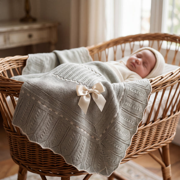 Baby Gray Stripes With Bow Blanket — view 2 — handcrafted in Spain — AGÜ Baby