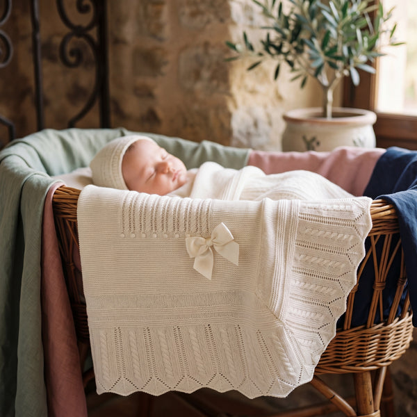 Baby White Stripes With Bow Blanket — view 2 — handcrafted in Spain — AGÜ Baby