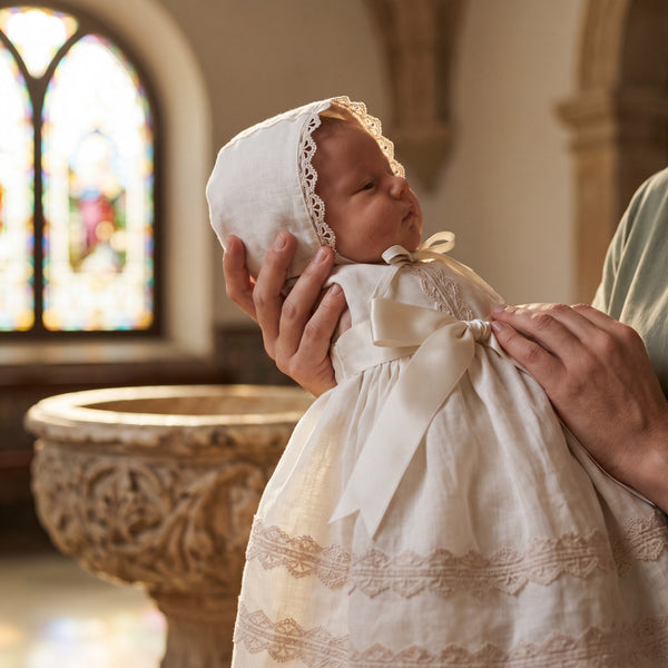 Baton Baptism Beige Lace Dress — view 2 — handcrafted in Spain — AGÜ Baby