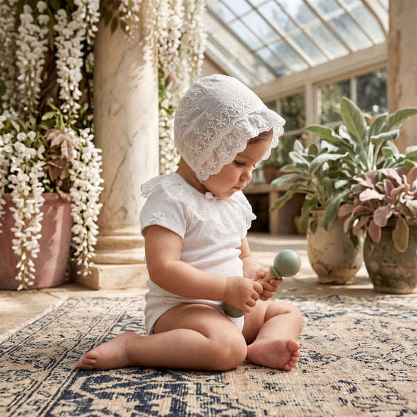 Beige Lace Collar Short Sleeve Bodysuit — view 2 — handcrafted in Spain — AGÜ Baby