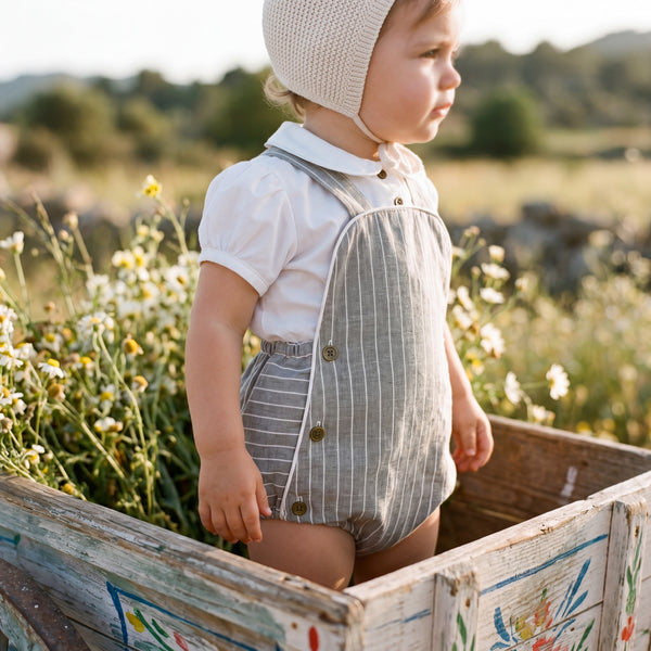 Boys Grey Set White Shirt and Romper with Stripes — view 2 — handcrafted in Spain — AGÜ Baby