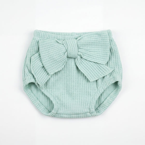 Girl Aquamarine Bow Ruffle Bloomer — view 3 — handcrafted in Spain — AGÜ Baby