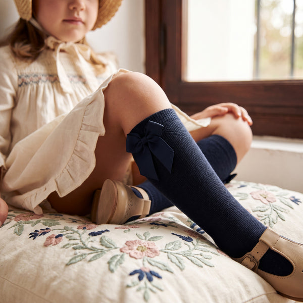 Girl Black High Socks with Side Bow — view 2 — handcrafted in Spain — AGÜ Baby