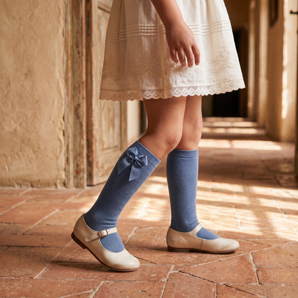 Girl Blue High Socks with Side Bow — view 2 — handcrafted in Spain — AGÜ Baby