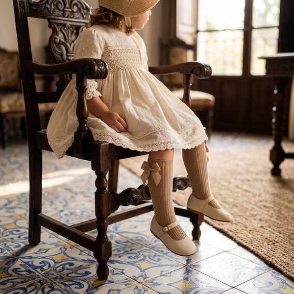 Girl Camel High Socks with Side Bow — view 2 — handcrafted in Spain — AGÜ Baby