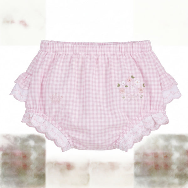 Girl Light Pink Vichy Ruffle Bloomer — view 2 — handcrafted in Spain — AGÜ Baby
