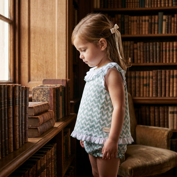 Girls Aquamarine Zig Zag Blouse & Bloomers — view 2 — handcrafted in Spain — AGÜ Baby