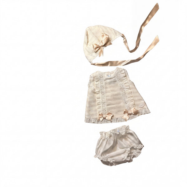 Girls Beige Lace Dress, Bloomers & Bonnet — AGÜ Baby Spanish baby clothes