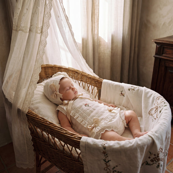 Girls Beige Lace Dress, Bloomers & Bonnet — view 2 — handcrafted in Spain — AGÜ Baby
