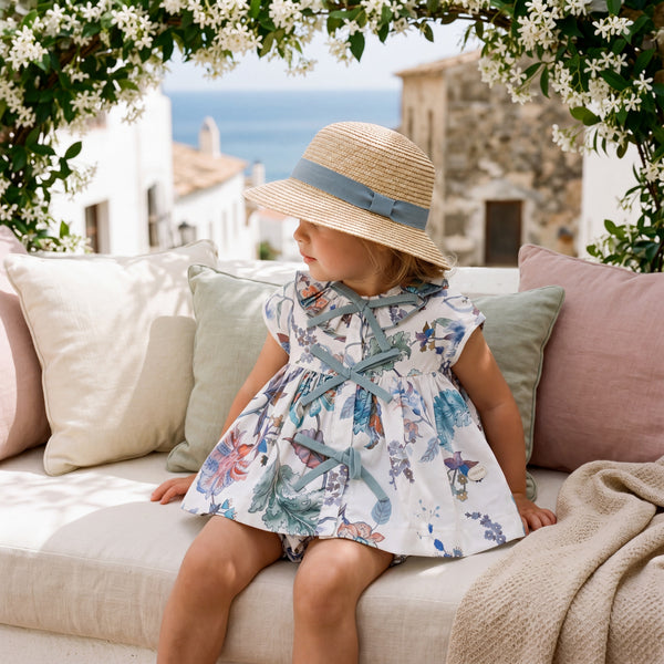 Girls Blue and Purple Dress & Bloomers — view 2 — handcrafted in Spain — AGÜ Baby