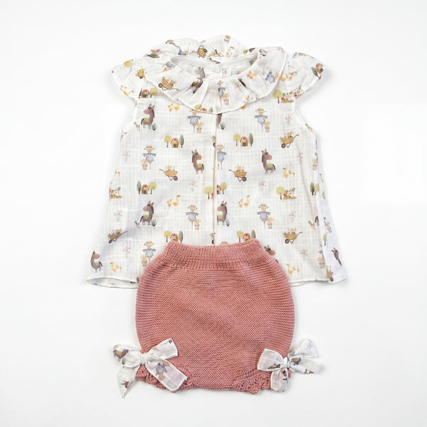 Girls Coral Printed Collar Blouse & Bloomers — AGÜ Baby Spanish baby clothes