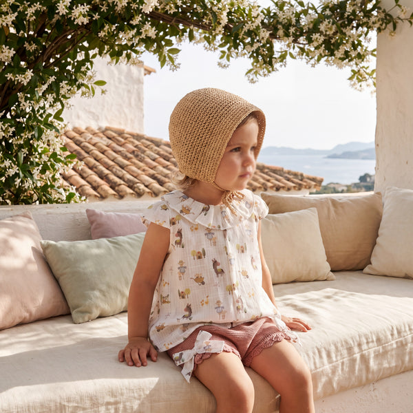 Girls Coral Printed Collar Blouse & Bloomers — view 2 — handcrafted in Spain — AGÜ Baby
