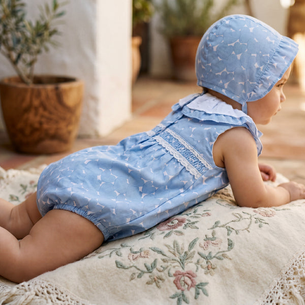 Girls Light Blue and Hearts Romper — view 2 — handcrafted in Spain — AGÜ Baby