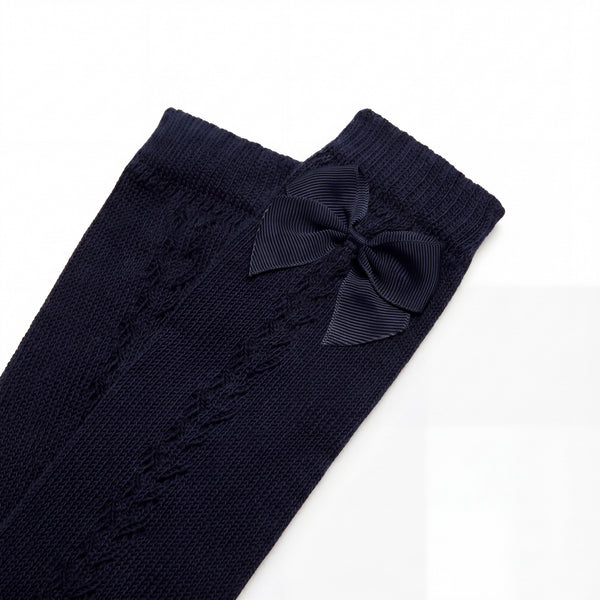 Girls Navy Blue Perforated High Socks with Bow — AGÜ Baby Spanish baby clothes