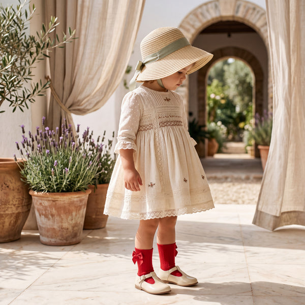 Girls Red Perforated Socks with Bow — view 2 — handcrafted in Spain — AGÜ Baby