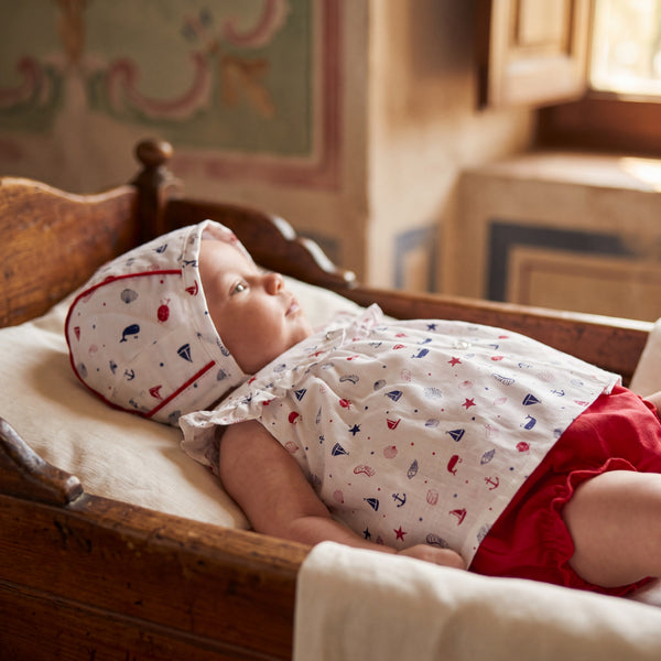 Girls Sailing Pattern White and Red Dress - Bloomers - Bonnet — AGU Baby