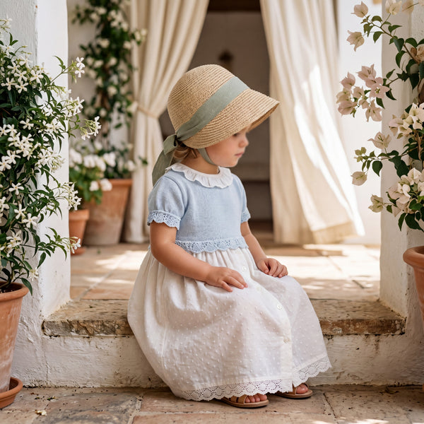 Girls White and Light Blue Plumeti Dress with Collar — view 2 — handcrafted in Spain — AGÜ Baby