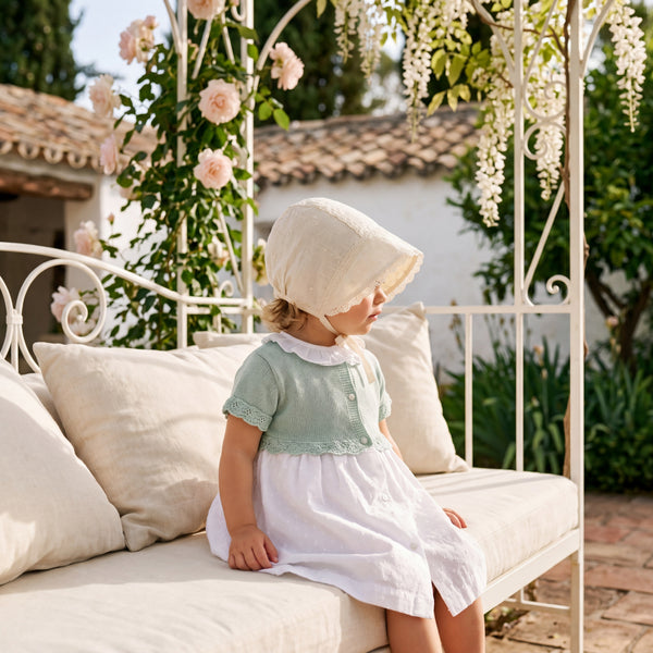 Girls White and Light Green Plumeti Dress with Collar — view 2 — handcrafted in Spain — AGÜ Baby
