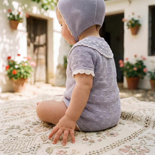Gray Lace Romper — view 2 — handcrafted in Spain — AGÜ Baby