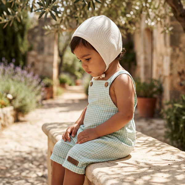Mint Gingham Dungaree Romper — view 2 — handcrafted in Spain — AGÜ Baby