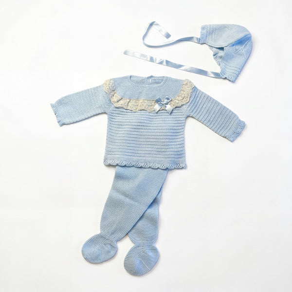 Newborn Light Blue with Lace Bow Set 3 Pieces — AGÜ Baby Spanish baby clothes