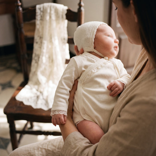 Unisex Beige Crossed Lace Bodysuit Long Sleeve — view 2 — handcrafted in Spain — AGÜ Baby
