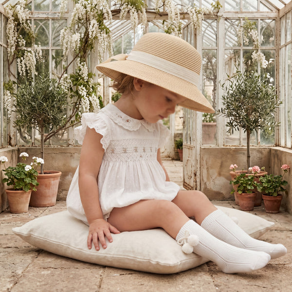 Vanilla Perforated Socks with Borlones — view 2 — handcrafted in Spain — AGÜ Baby