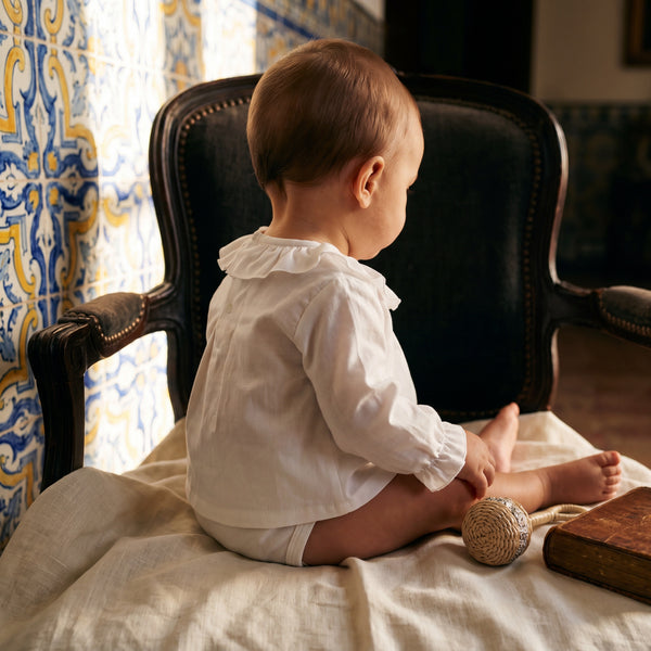 White Ruffle Collar Shirt Bodysuit — view 2 — handcrafted in Spain — AGÜ Baby