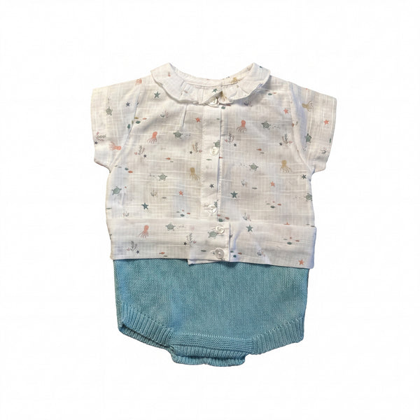 Aquamarine Printed Romper with Collar — AGÜ Baby Spanish baby clothes