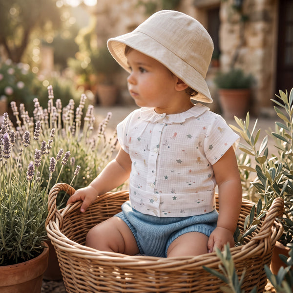 Aquamarine Printed Romper with Collar — view 2 — handcrafted in Spain — AGÜ Baby
