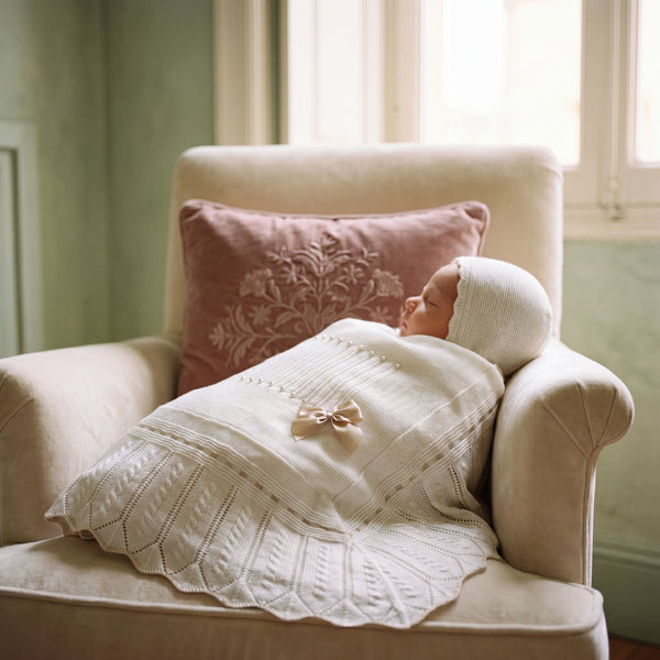Baby White Stripes With Beige Bow Blanket — view 2 — handcrafted in Spain — AGÜ Baby