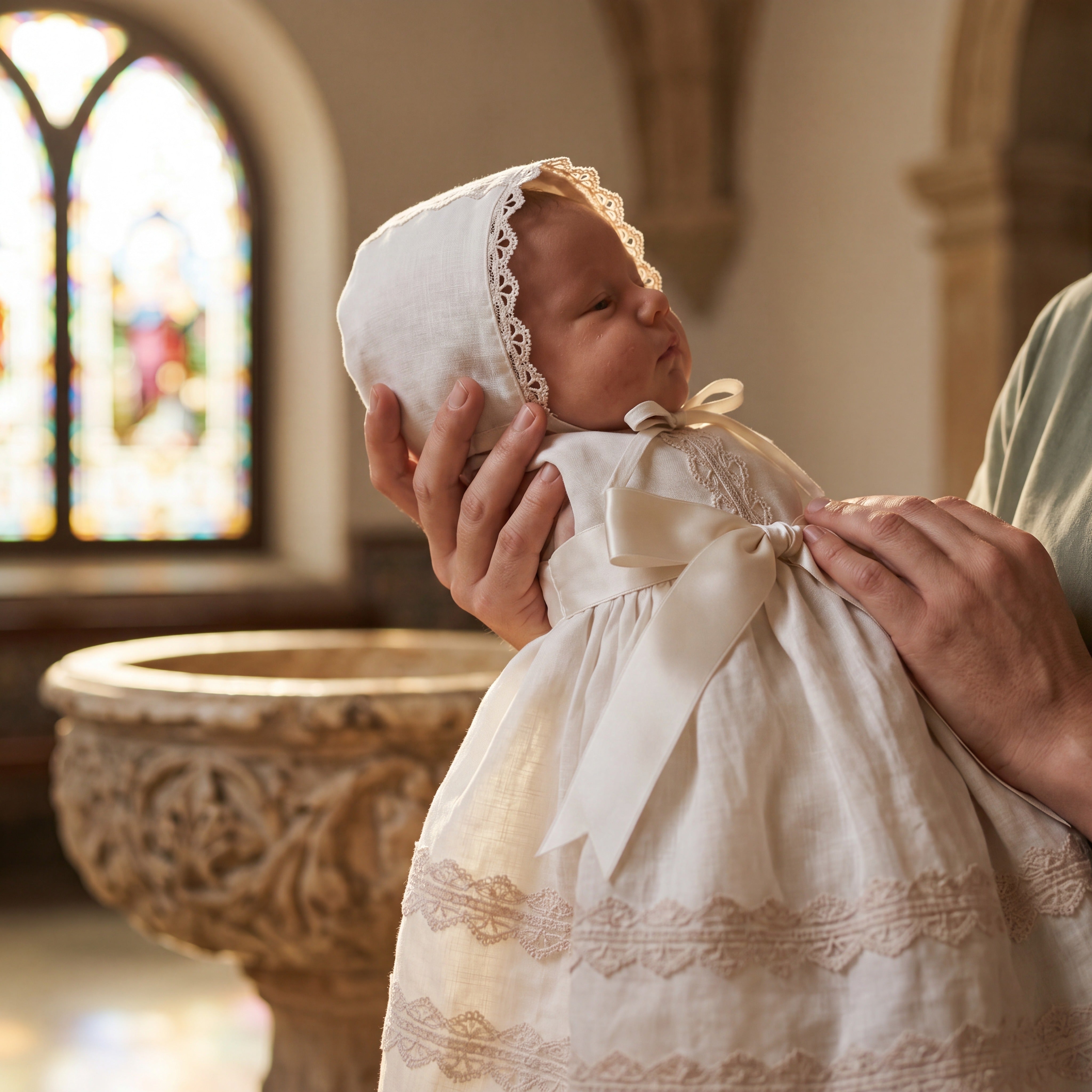 Baton Baptism Beige Lace Dress — view 2 — handcrafted in Spain — AGÜ Baby