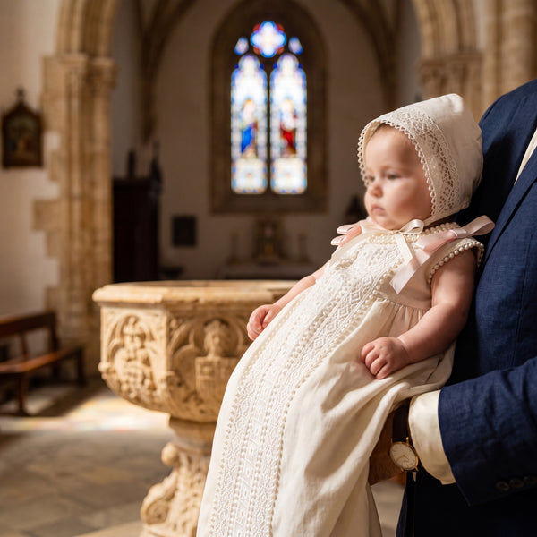 Baton Baptism Lace Dress — view 2 — handcrafted in Spain — AGÜ Baby