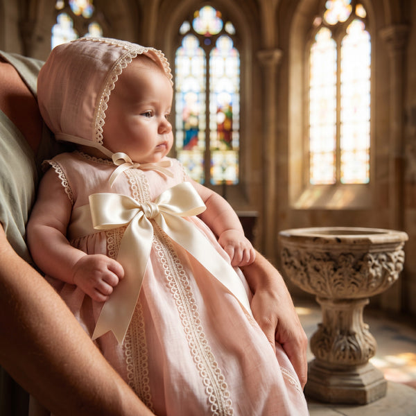 Baton Baptism Light Pink Lace Dress — view 2 — handcrafted in Spain — AGÜ Baby