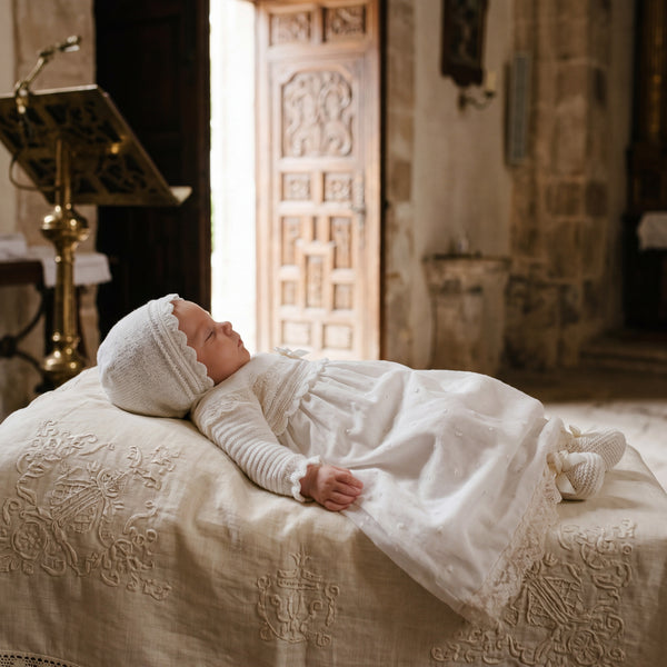 Baton Baptism White and Beige Lace Dress — view 2 — handcrafted in Spain — AGÜ Baby