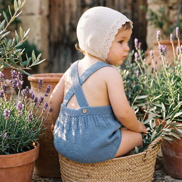 Blue Romper — view 2 — handcrafted in Spain — AGÜ Baby