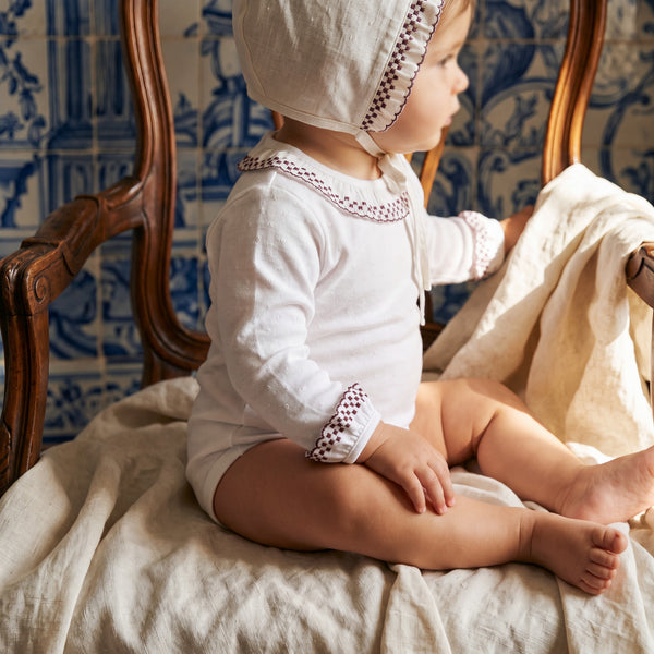 Body Long Sleeve with Burgundy Dots Peter Pan Collar — view 2 — handcrafted in Spain — AGÜ Baby