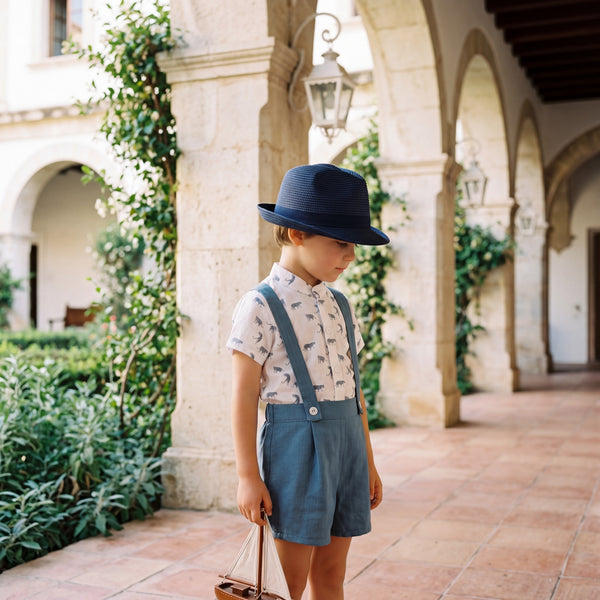 Boys Animal Printed Shirt & Turquoise Jam Pants With Braces — view 2 — handcrafted in Spain — AGÜ Baby