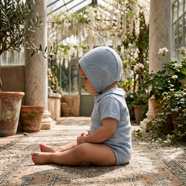 Boys Baby Blue Collar Short Sleeve Bodysuit — view 2 — handcrafted in Spain — AGÜ Baby