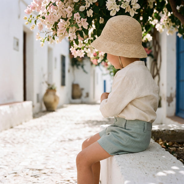 Boys Turquoise Linen Shorts — view 2 — handcrafted in Spain — AGÜ Baby