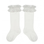 Girl Beige High Socks with Gathered Tulle Strap — AGÜ Baby Spanish baby clothes