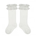 Girl Beige High Socks with Gathered Tulle Strap — AGÜ Baby Spanish baby clothes — view 1