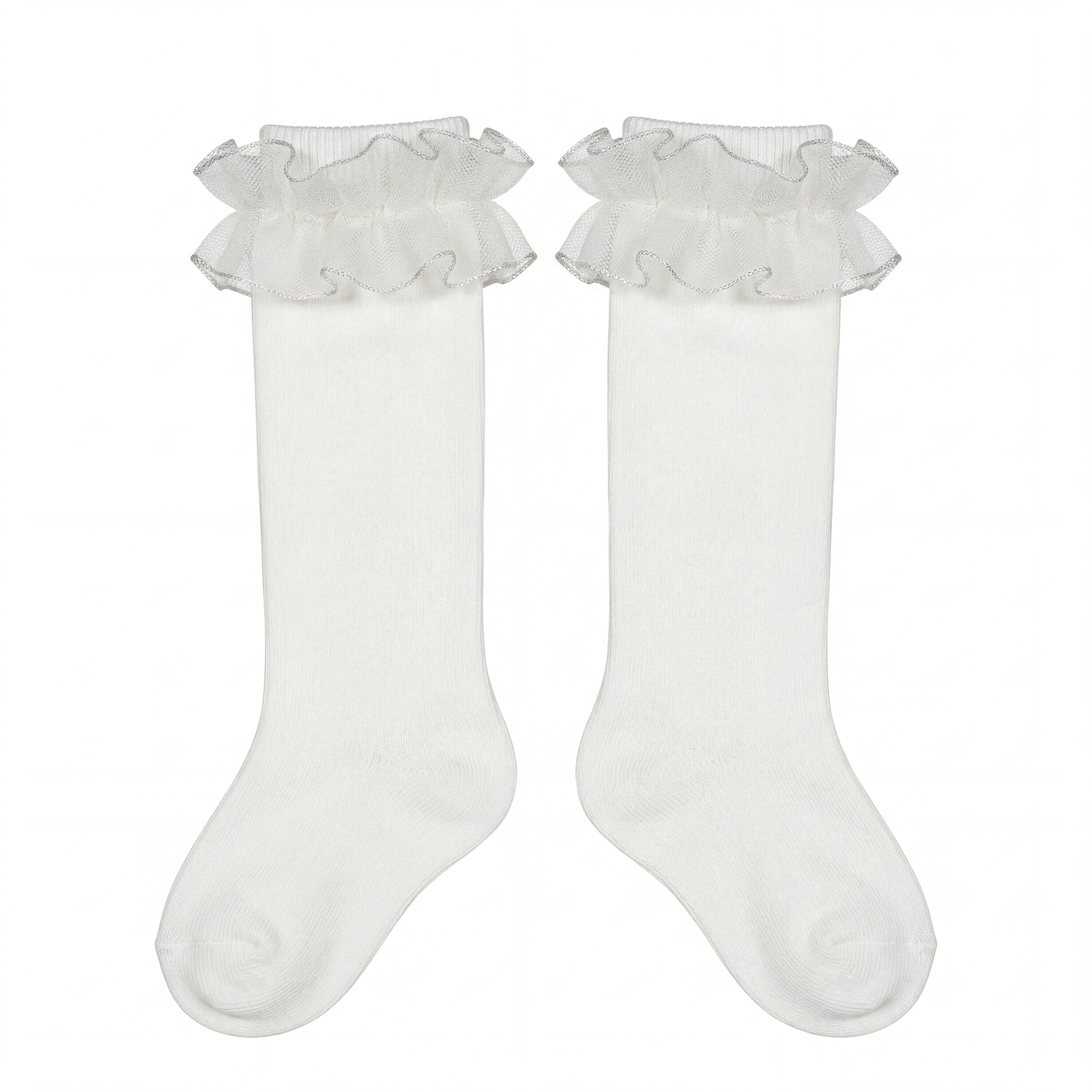 Girl Beige High Socks with Gathered Tulle Strap — AGÜ Baby Spanish baby clothes