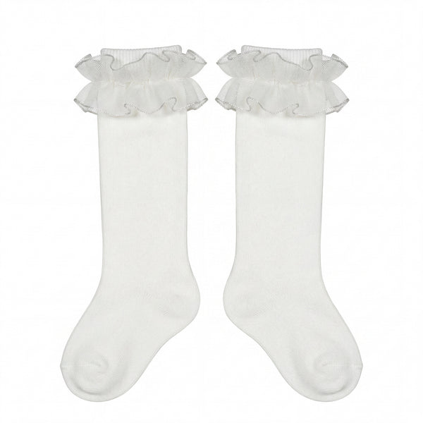 Girl Beige High Socks with Gathered Tulle Strap — AGÜ Baby Spanish baby clothes