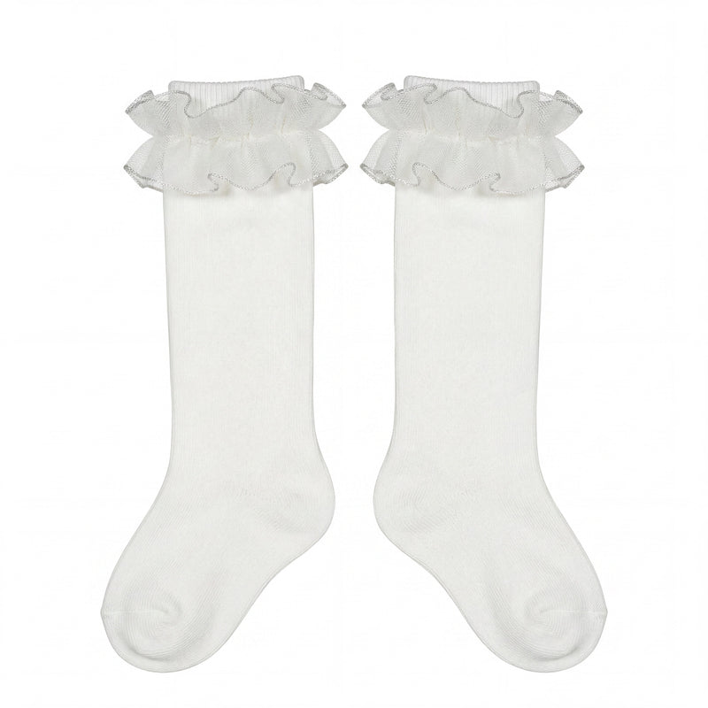 Girl Beige High Socks with Gathered Tulle Strap — AGÜ Baby Spanish baby clothes