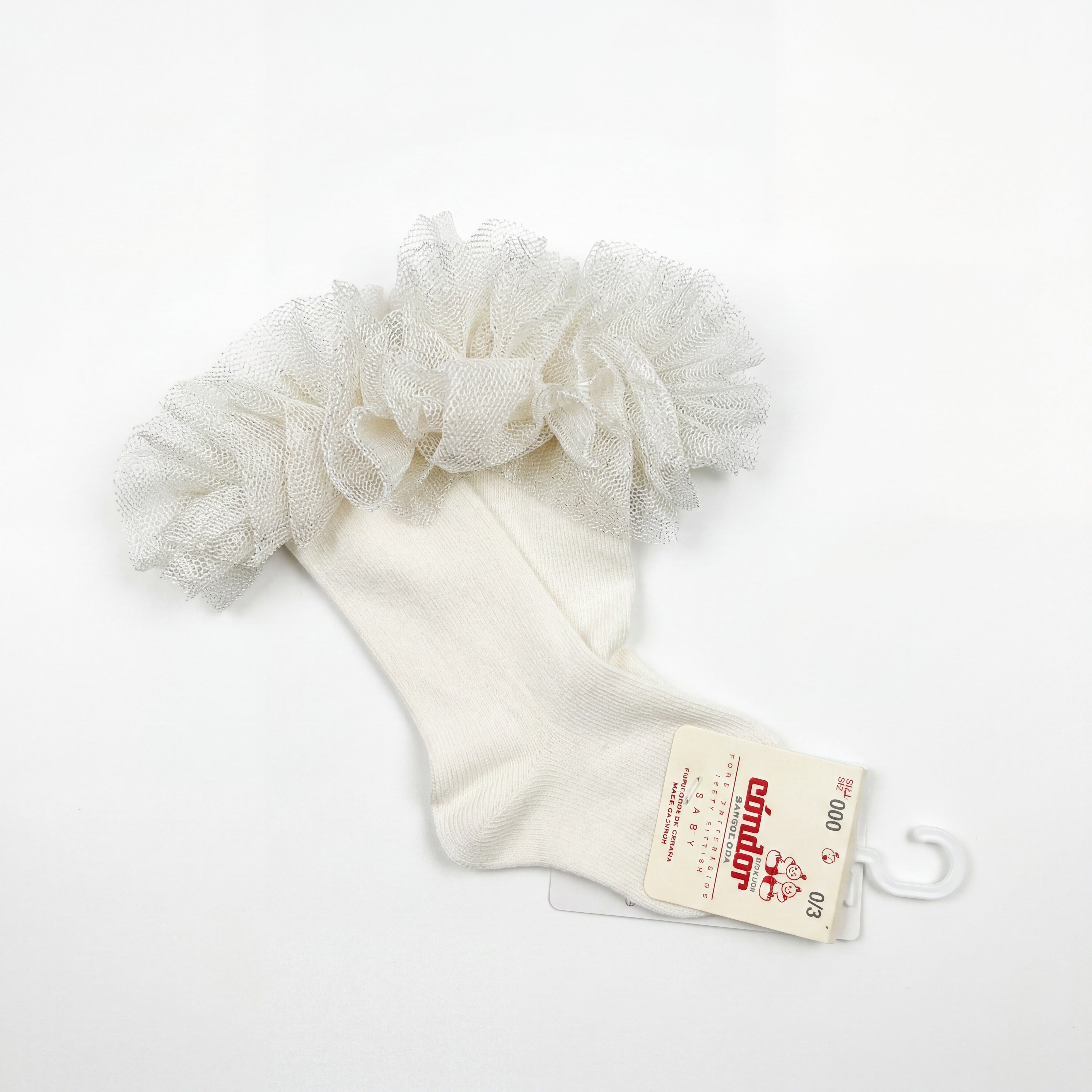 Girl Beige High Socks with Gathered Tulle Strap — view 3 — handcrafted in Spain — AGÜ Baby