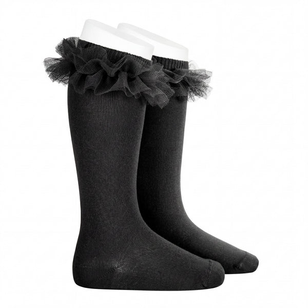 Girl Black High Socks with Gathered Tulle Strap — AGÜ Baby Spanish baby clothes