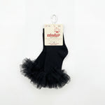 Girl Black High Socks with Gathered Tulle Strap — view 3 — handcrafted in Spain — AGÜ Baby