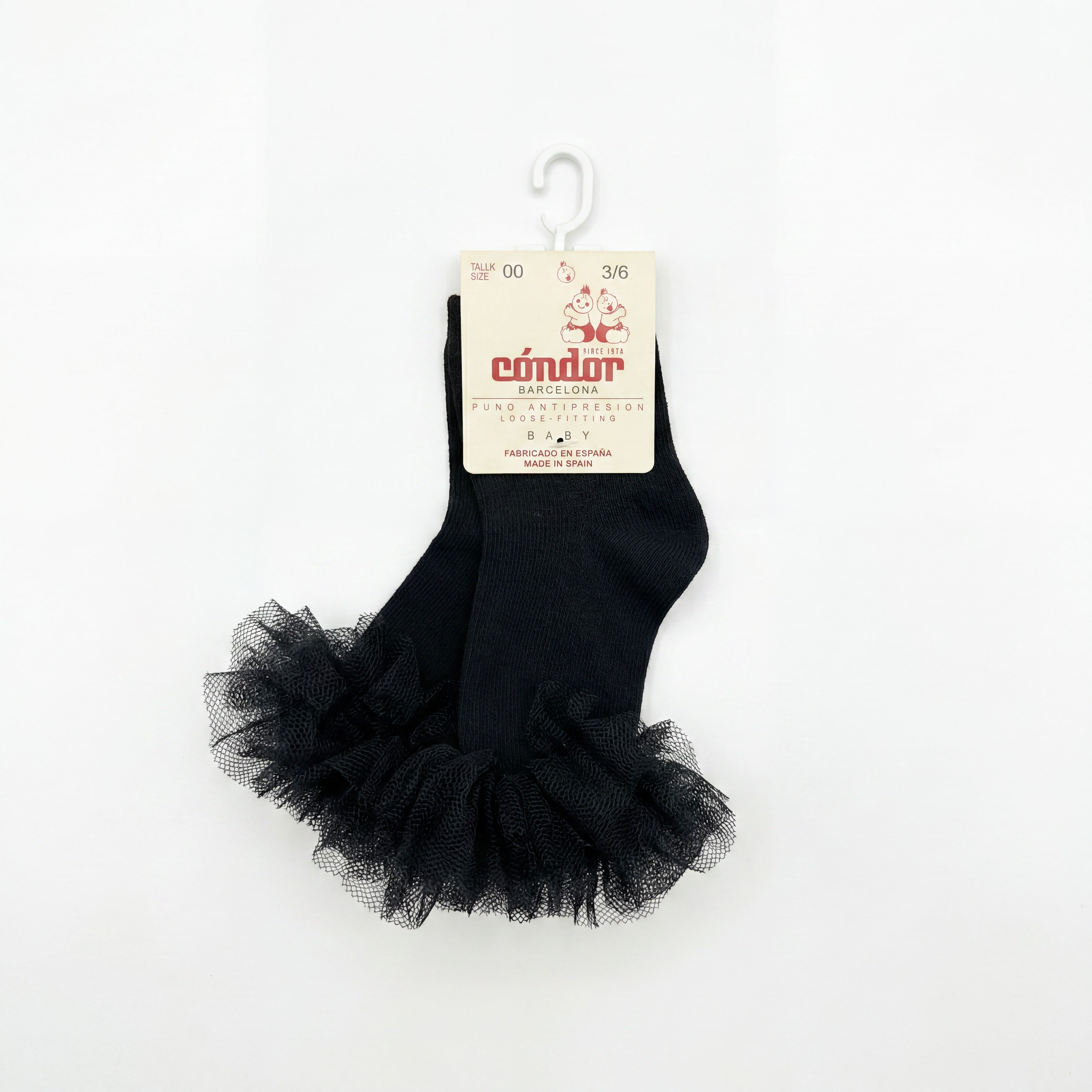 Girl Black High Socks with Gathered Tulle Strap — view 3 — handcrafted in Spain — AGÜ Baby