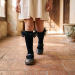 Girl Black High Socks with Gathered Tulle Strap — view 2 — handcrafted in Spain — AGÜ Baby